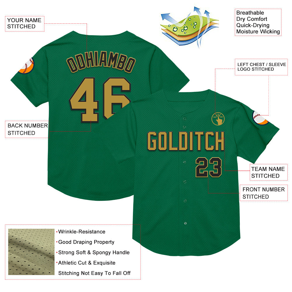 Custom Kelly Green Old Gold-Black Mesh Authentic Throwback Baseball Jersey - Sky-Custom
