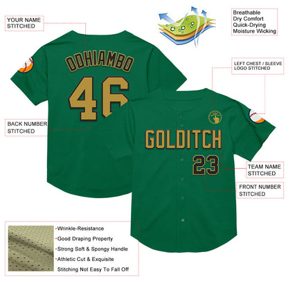 Custom Kelly Green Old Gold-Black Mesh Authentic Throwback Baseball Jersey - Sky-Custom