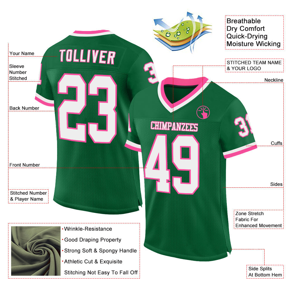Custom Kelly Green White-Pink Mesh Authentic Throwback Football Jersey - Sky-Custom