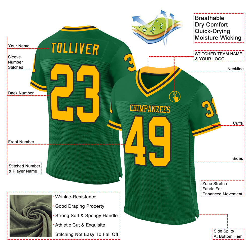 Custom Kelly Green Gold-Black Mesh Authentic Throwback Football Jersey - Sky-Custom