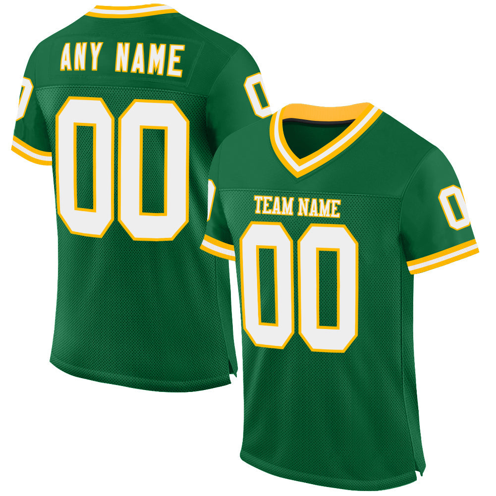 Custom Kelly Green White-Gold Mesh Authentic Throwback Football Jersey - Sky-Custom