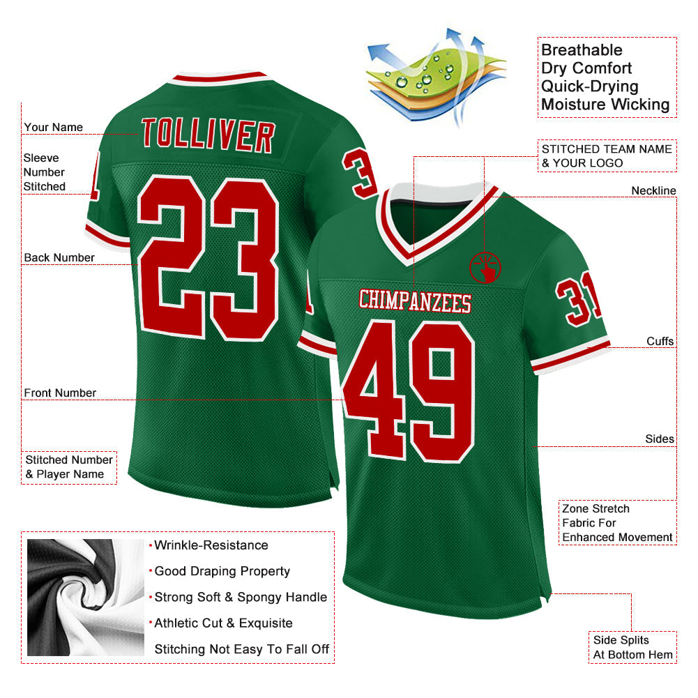 Custom Kelly Green Red-White Mesh Authentic Throwback Football Jersey - Sky-Custom