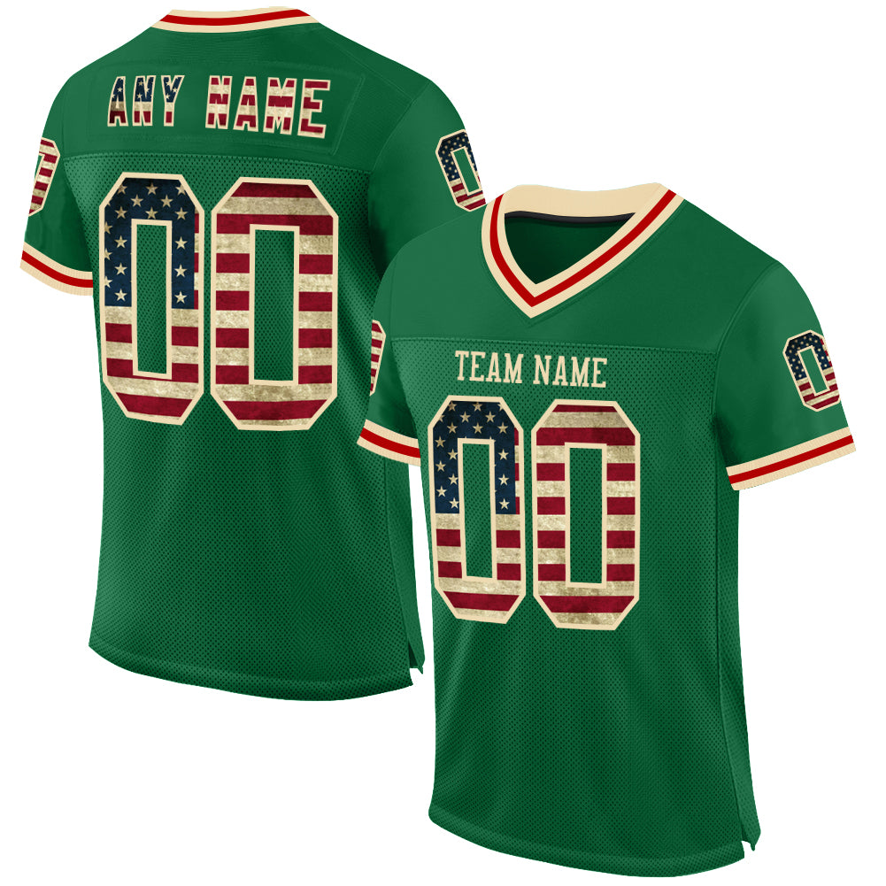 Custom Kelly Green Vintage USA Flag Cream-Red Mesh Authentic Throwback Football Jersey - Sky-Custom