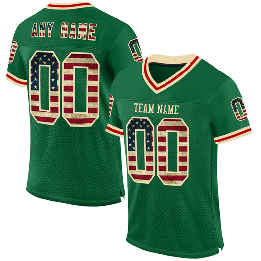 Custom Kelly Green Vintage USA Flag Cream-Red Mesh Authentic Throwback Football Jersey - Sky-Custom
