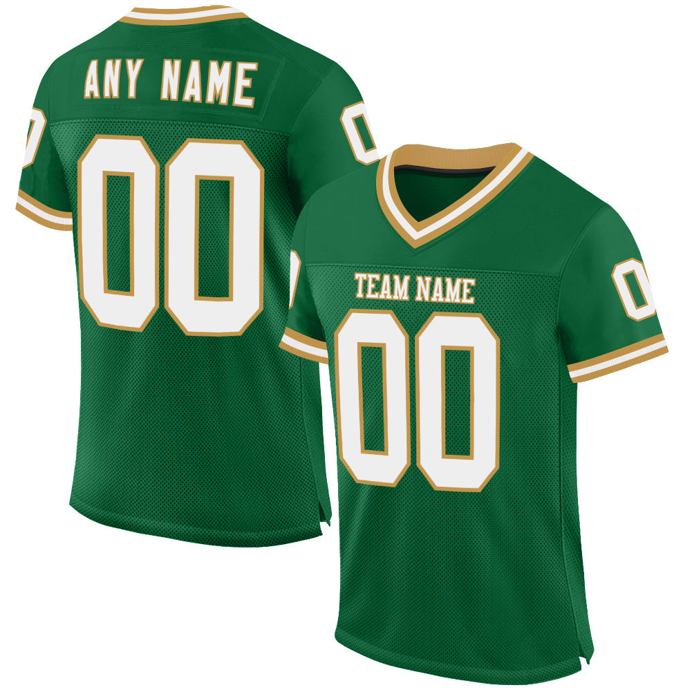 Custom Kelly Green White-Old Gold Mesh Authentic Throwback Football Jersey - Sky-Custom