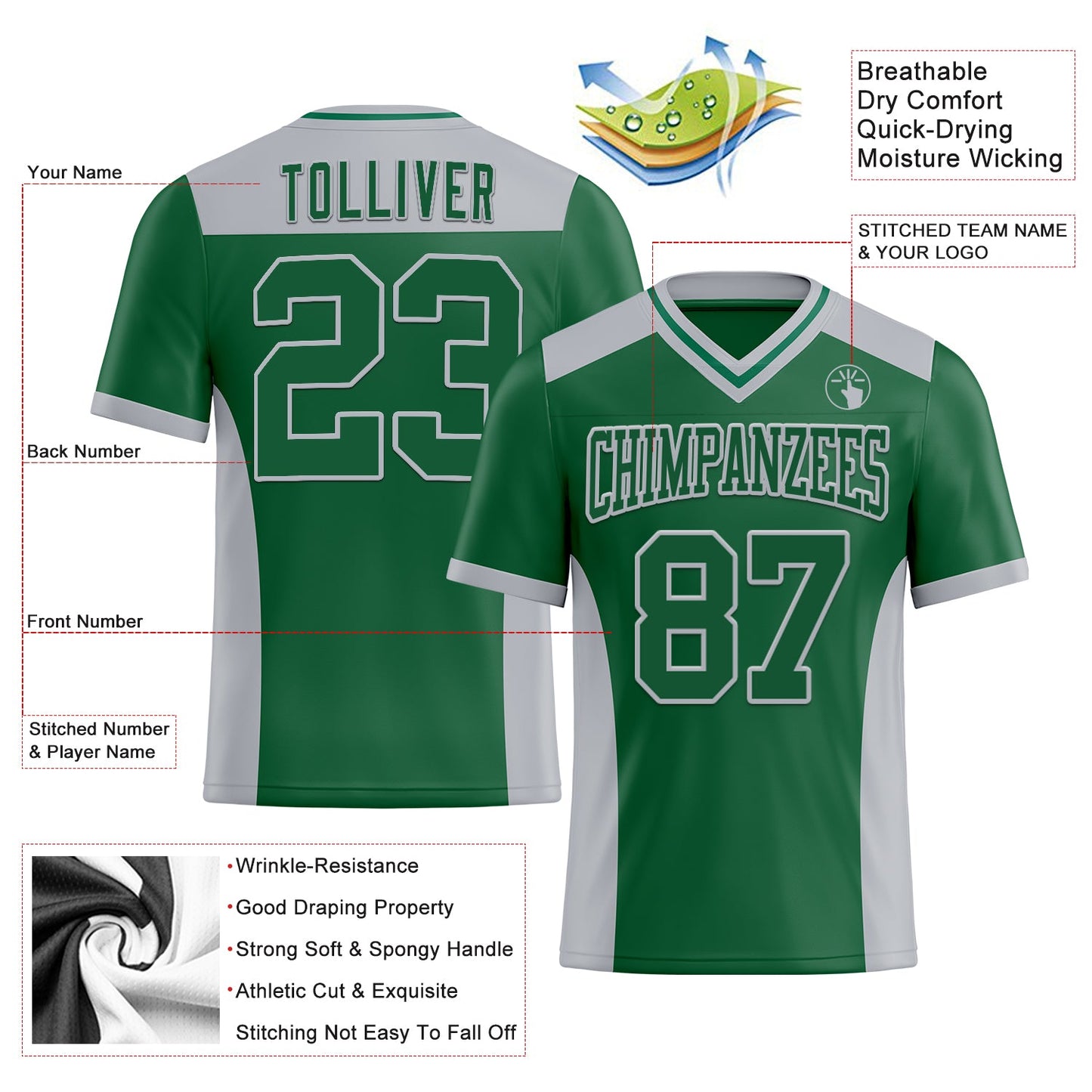 Custom Kelly Green Gray Mesh Authentic Football Jersey - Sky-Custom