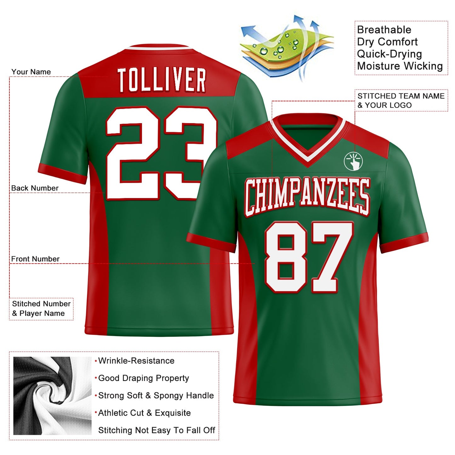 Custom Kelly Green White-Red Mesh Authentic Football Jersey - Sky-Custom