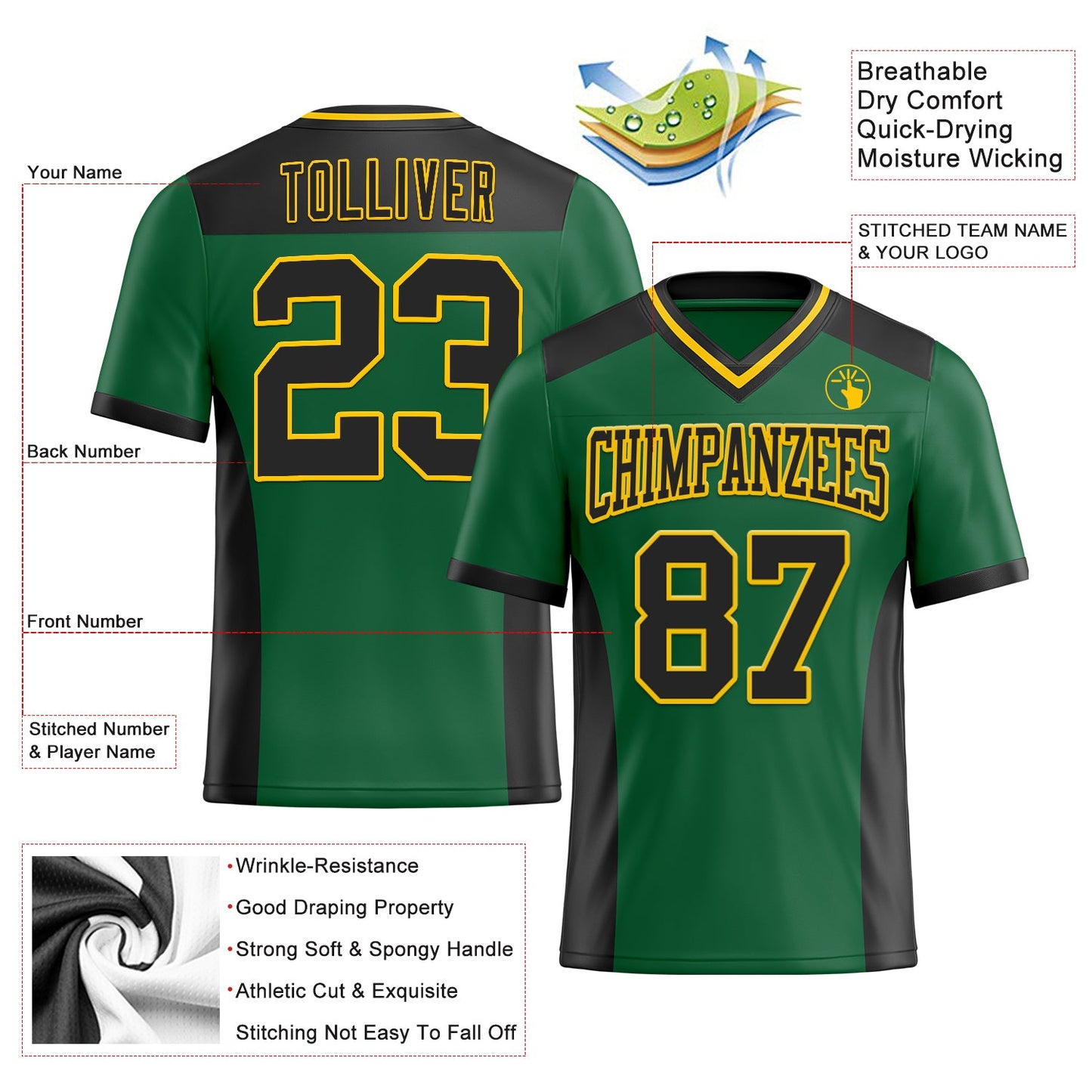 Custom Kelly Green Black-Yellow Mesh Authentic Football Jersey - Sky-Custom