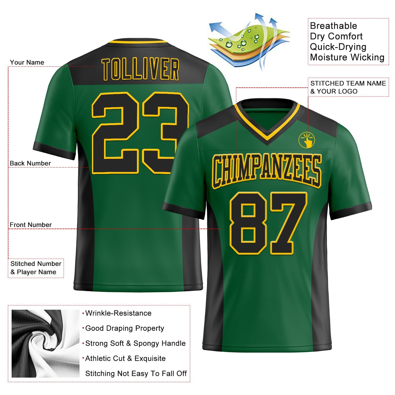 Custom Kelly Green Black-Yellow Mesh Authentic Football Jersey - Sky-Custom