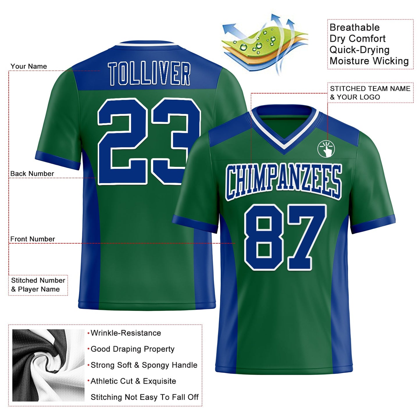Custom Kelly Green Royal-White Mesh Authentic Football Jersey - Sky-Custom