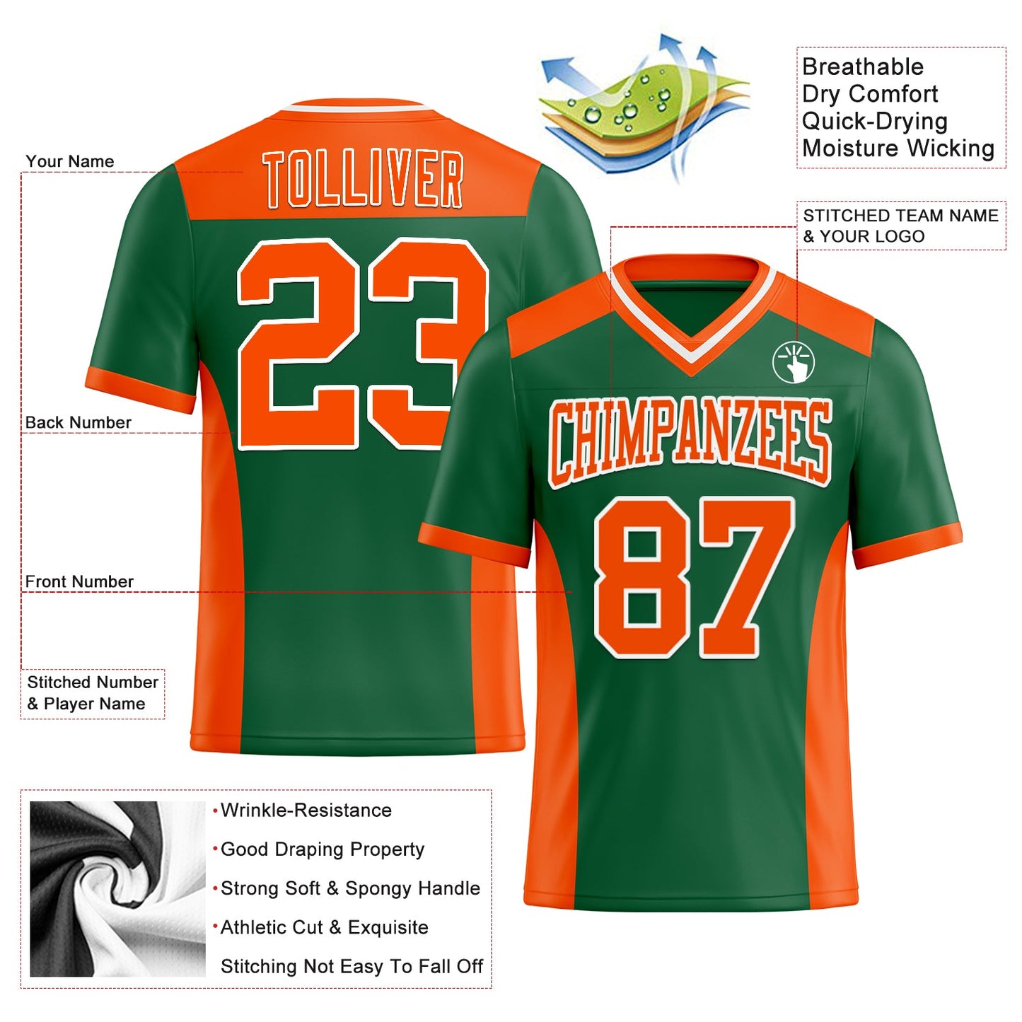 Custom Kelly Green Orange-White Mesh Authentic Football Jersey - Sky-Custom