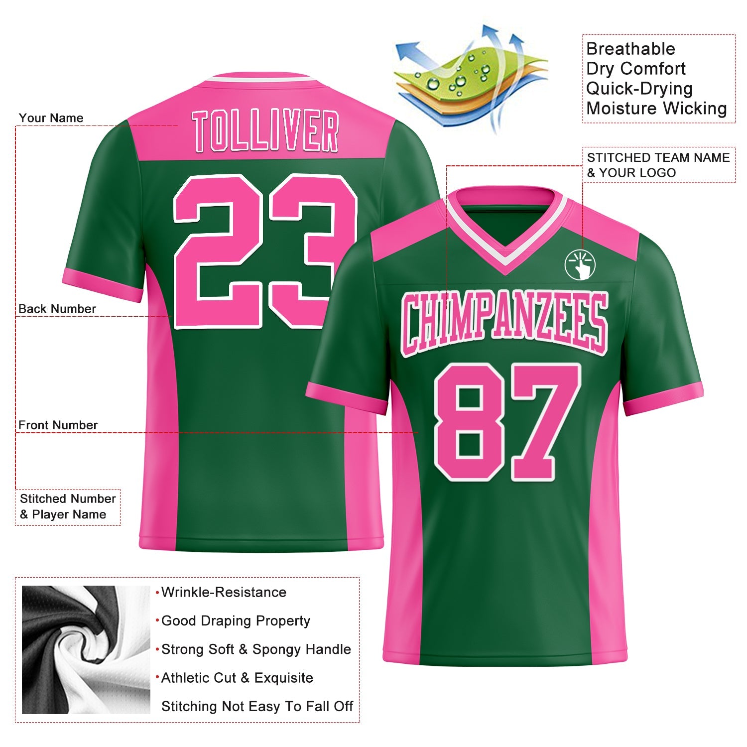 Custom Kelly Green Pink-White Mesh Authentic Football Jersey - Sky-Custom