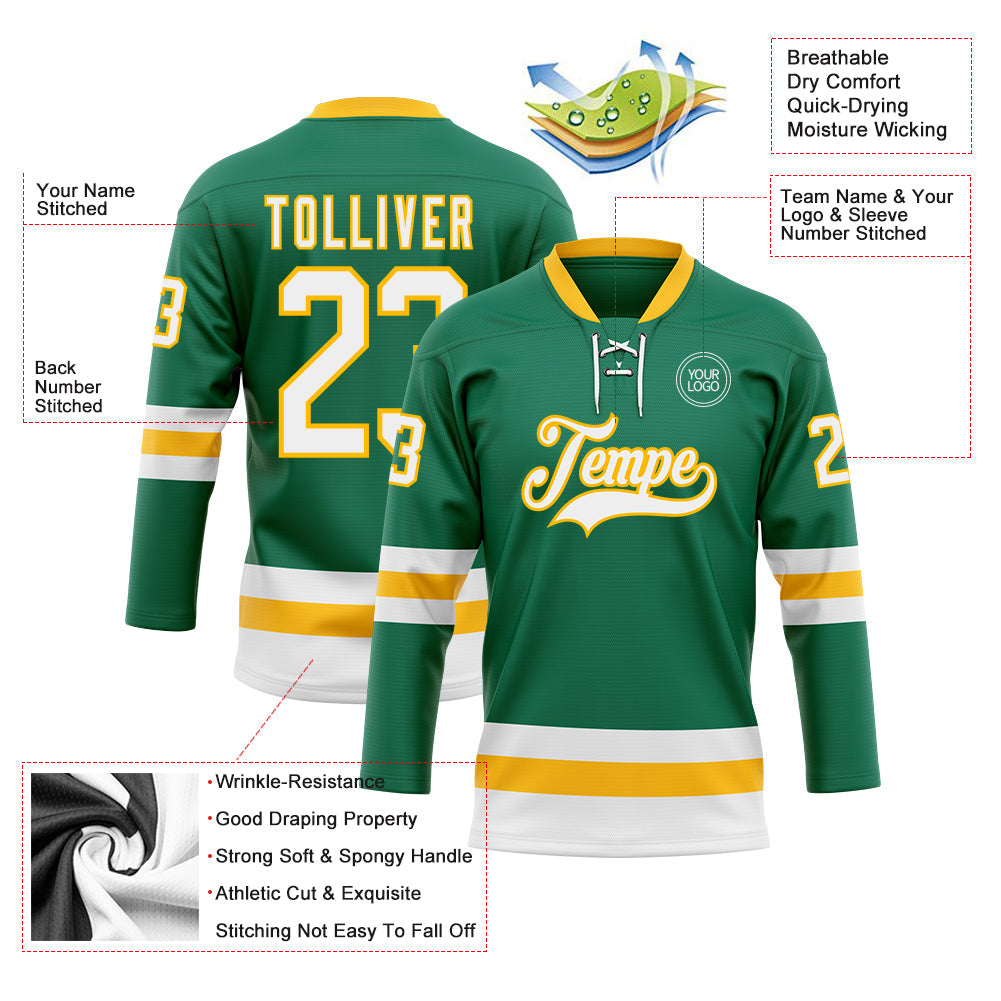 Custom Kelly Green White-Gold Hockey Lace Neck Jersey - Sky-Custom