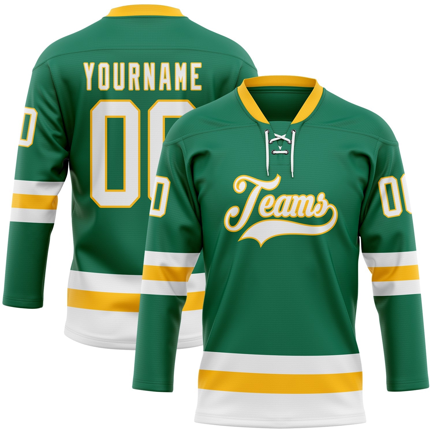 Custom Kelly Green White-Gold Hockey Lace Neck Jersey - Sky-Custom