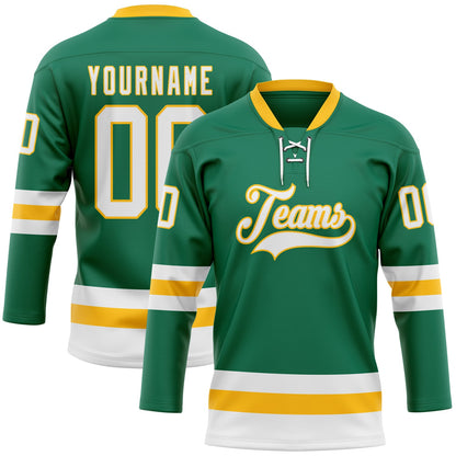 Custom Kelly Green White-Gold Hockey Lace Neck Jersey - Sky-Custom