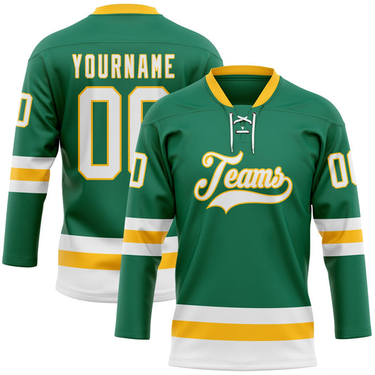Custom Kelly Green White-Gold Hockey Lace Neck Jersey - Sky-Custom