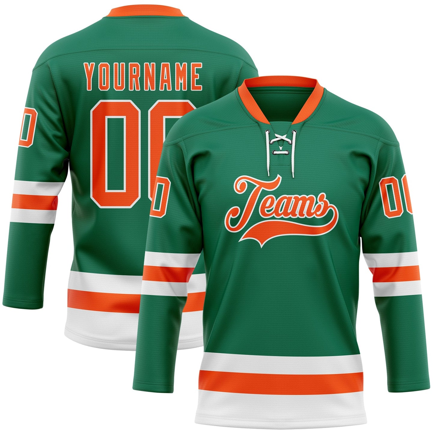 Custom Kelly Green Orange-White Hockey Lace Neck Jersey - Sky-Custom