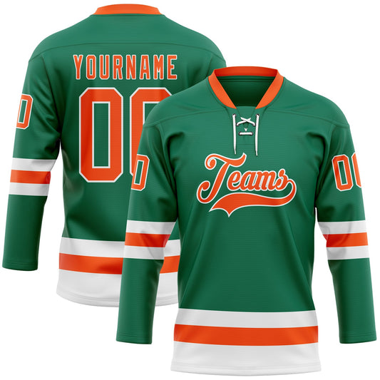 Custom Kelly Green Orange-White Hockey Lace Neck Jersey - Sky-Custom