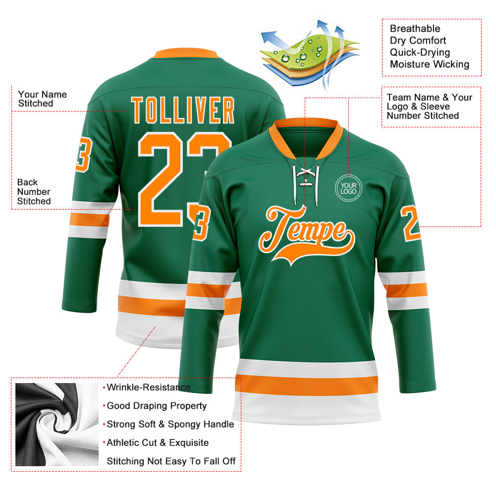 Custom Kelly Green Bay Orange-White Hockey Lace Neck Jersey - Sky-Custom