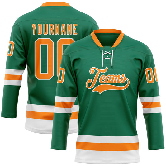 Custom Kelly Green Bay Orange-White Hockey Lace Neck Jersey - Sky-Custom