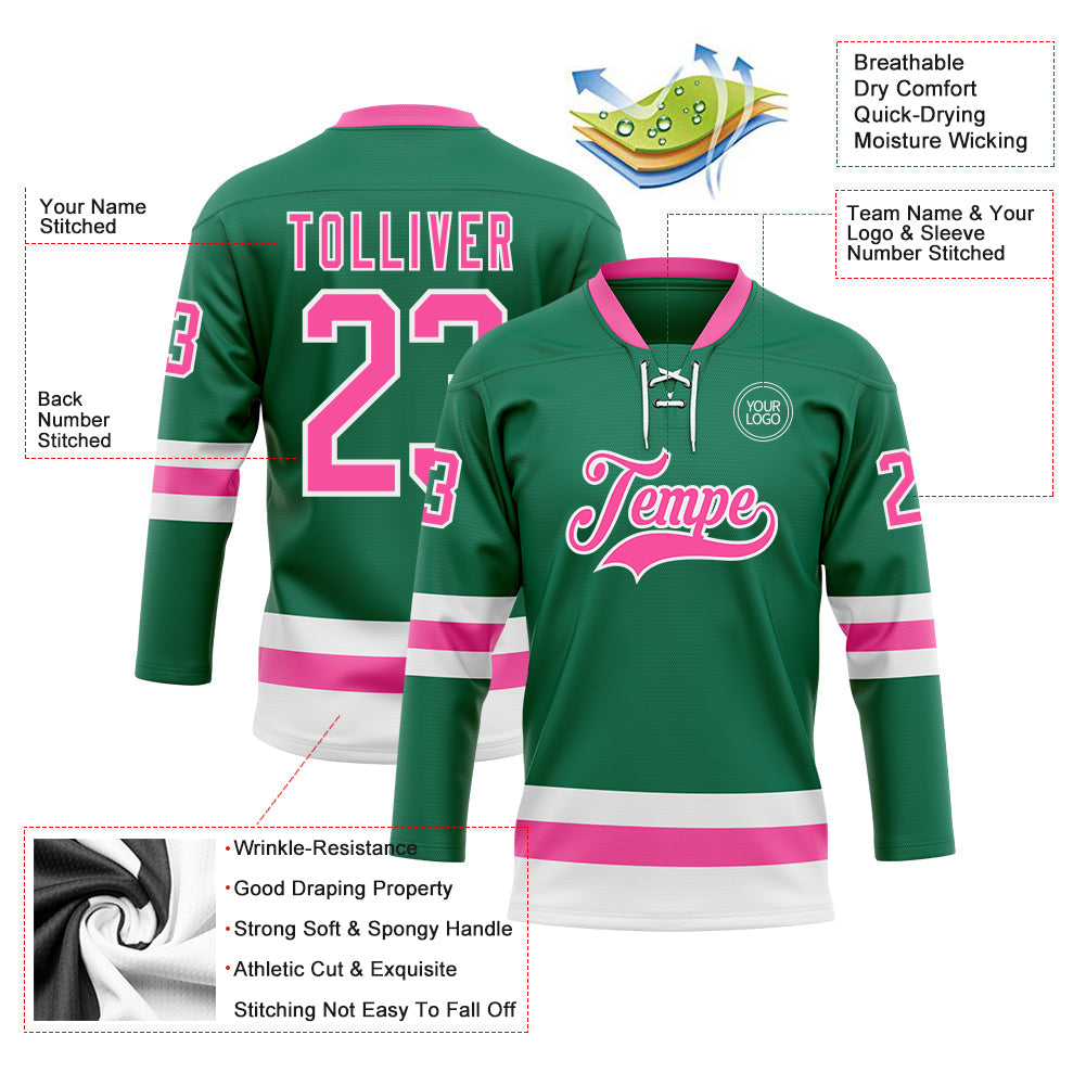 Custom Kelly Green Pink-White Hockey Lace Neck Jersey - Sky-Custom