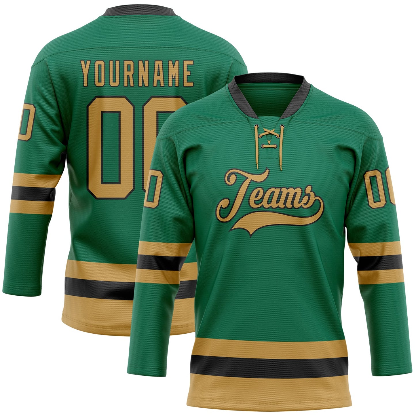 Custom Kelly Green Old Gold-Black Hockey Lace Neck Jersey - Sky-Custom