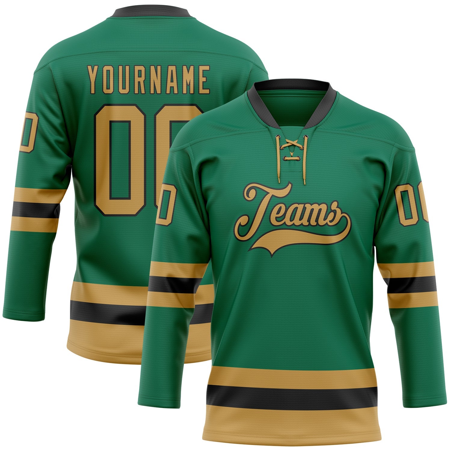 Custom Kelly Green Old Gold-Black Hockey Lace Neck Jersey - Sky-Custom