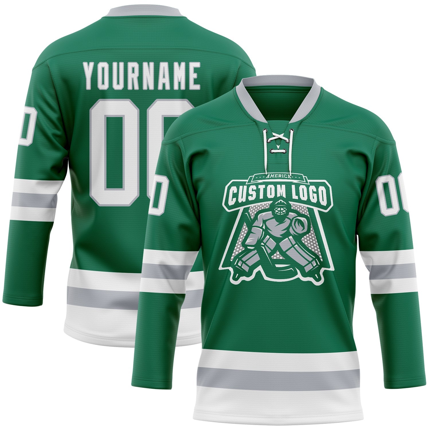 Custom Kelly Green White-Gray Hockey Lace Neck Jersey - Sky-Custom