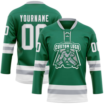 Custom Kelly Green White-Gray Hockey Lace Neck Jersey - Sky-Custom