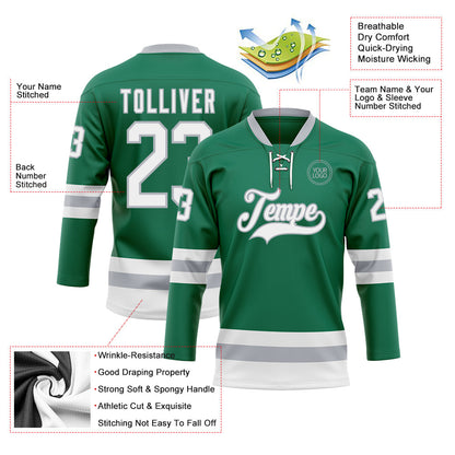 Custom Kelly Green White-Gray Hockey Lace Neck Jersey - Sky-Custom