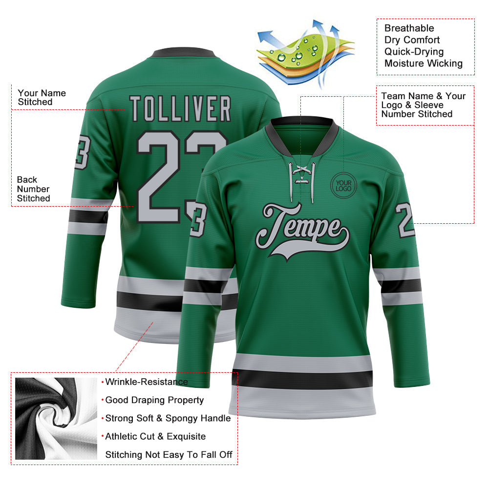 Custom Kelly Green Gray-Black Hockey Lace Neck Jersey - Sky-Custom