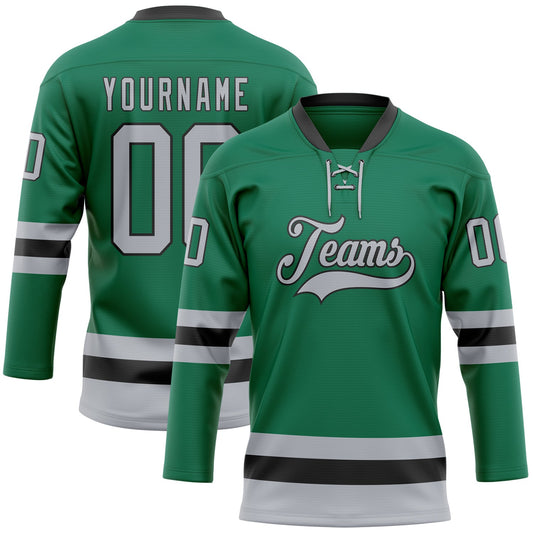 Custom Kelly Green Gray-Black Hockey Lace Neck Jersey - Sky-Custom
