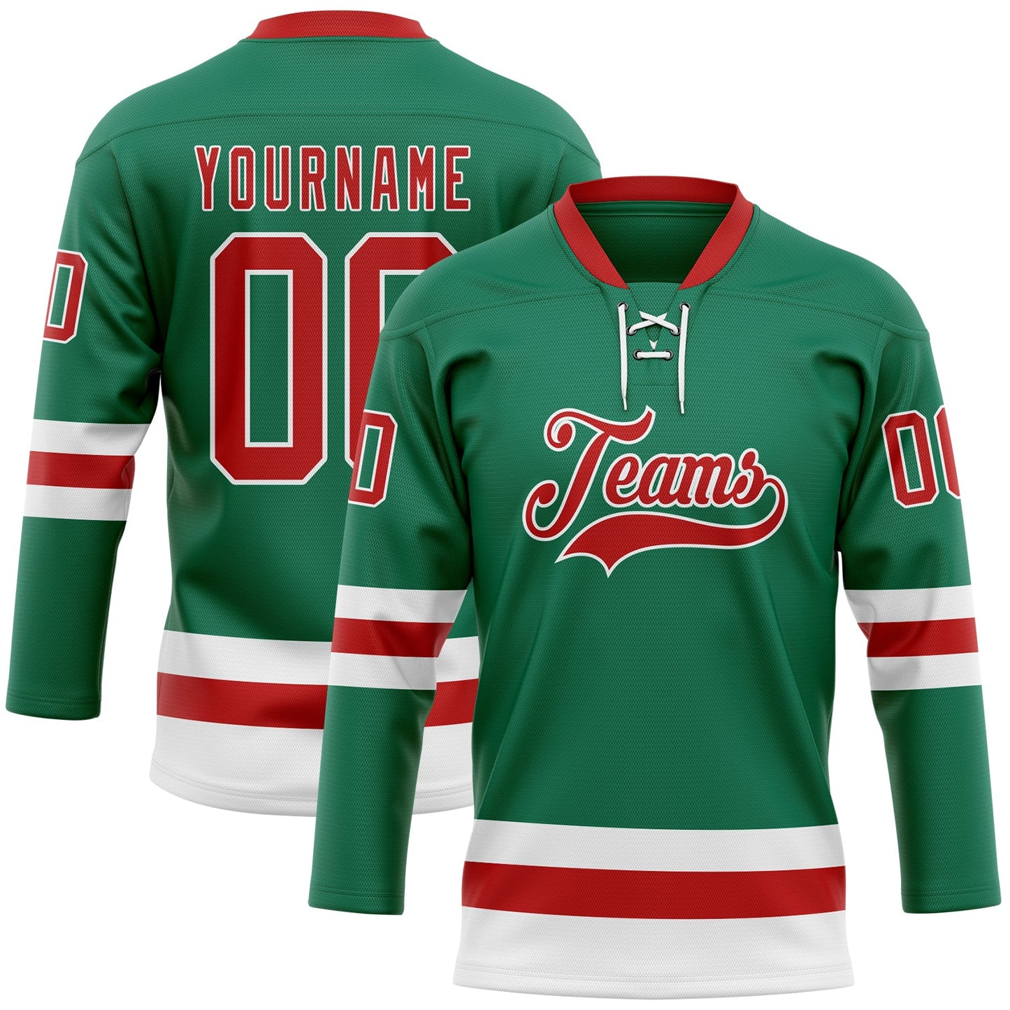 Custom Kelly Green Red-White Hockey Lace Neck Jersey - Sky-Custom
