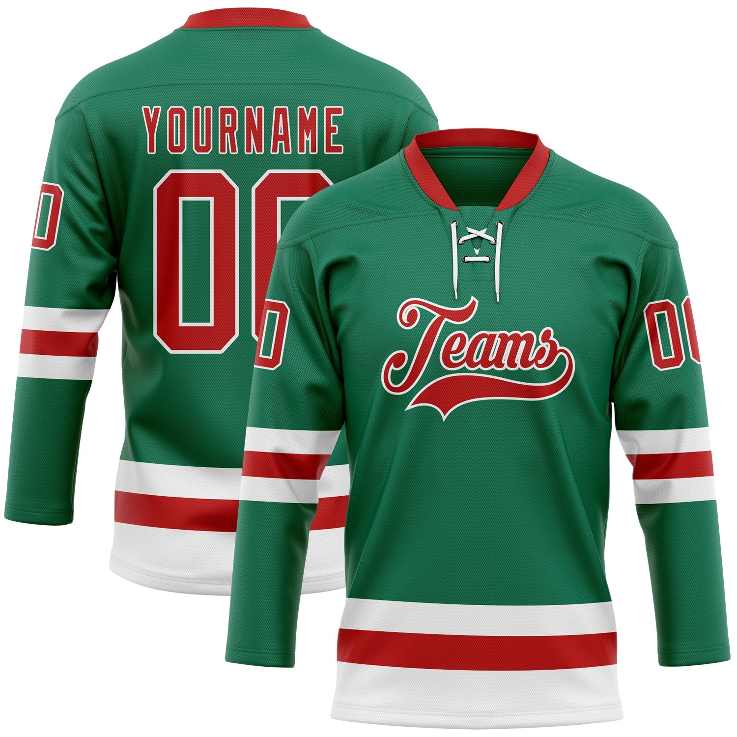 Custom Kelly Green Red-White Hockey Lace Neck Jersey - Sky-Custom
