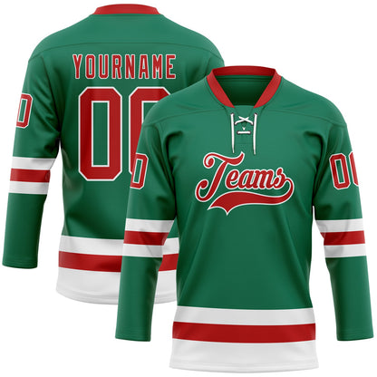 Custom Kelly Green Red-White Hockey Lace Neck Jersey - Sky-Custom