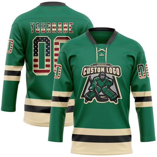 Custom Kelly Green Vintage USA Flag Cream-Black Hockey Lace Neck Jersey - Sky-Custom