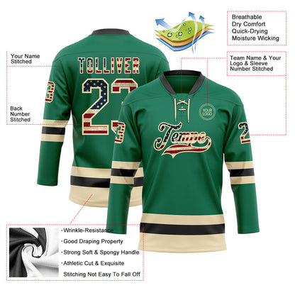 Custom Kelly Green Vintage USA Flag Cream-Black Hockey Lace Neck Jersey - Sky-Custom