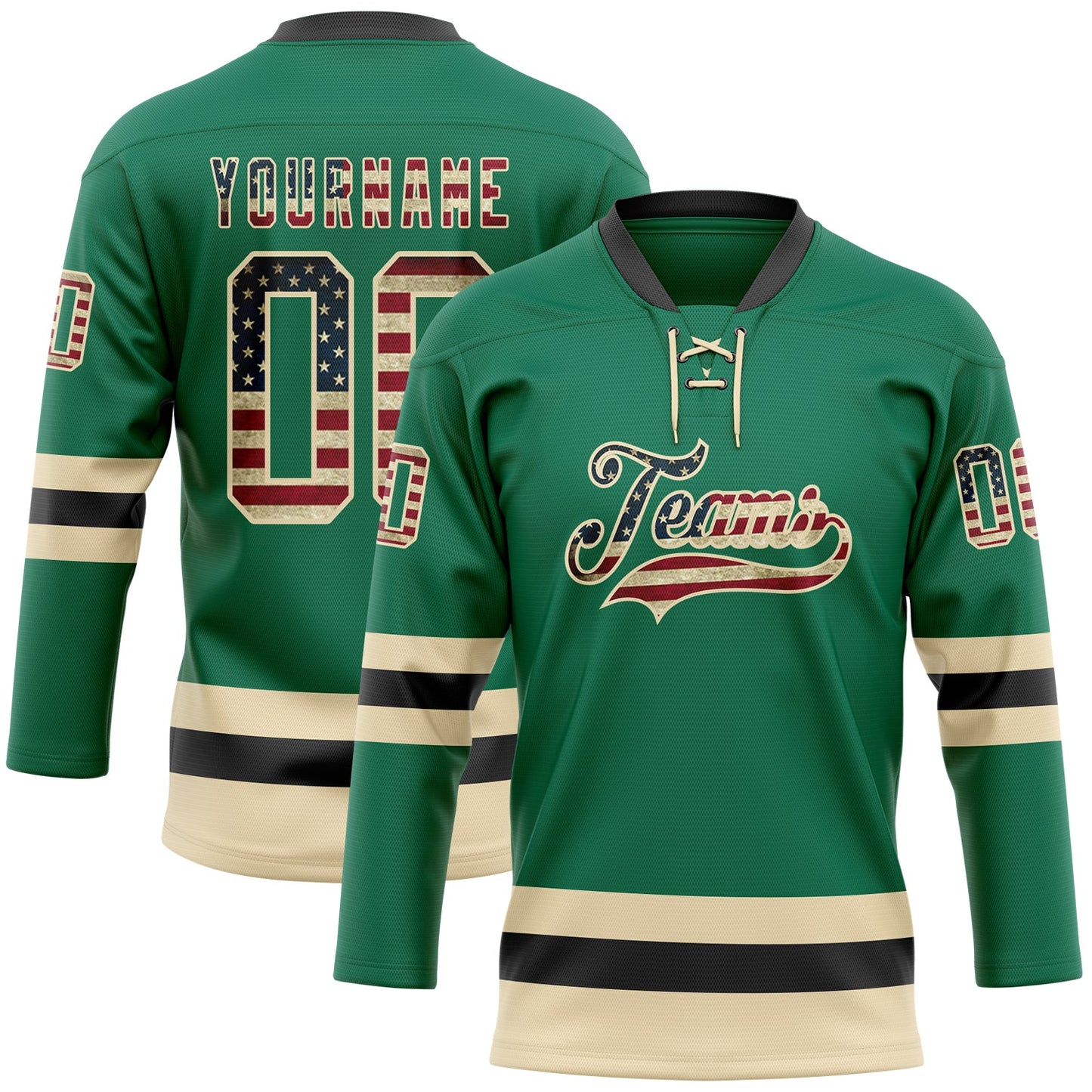 Custom Kelly Green Vintage USA Flag Cream-Black Hockey Lace Neck Jersey - Sky-Custom