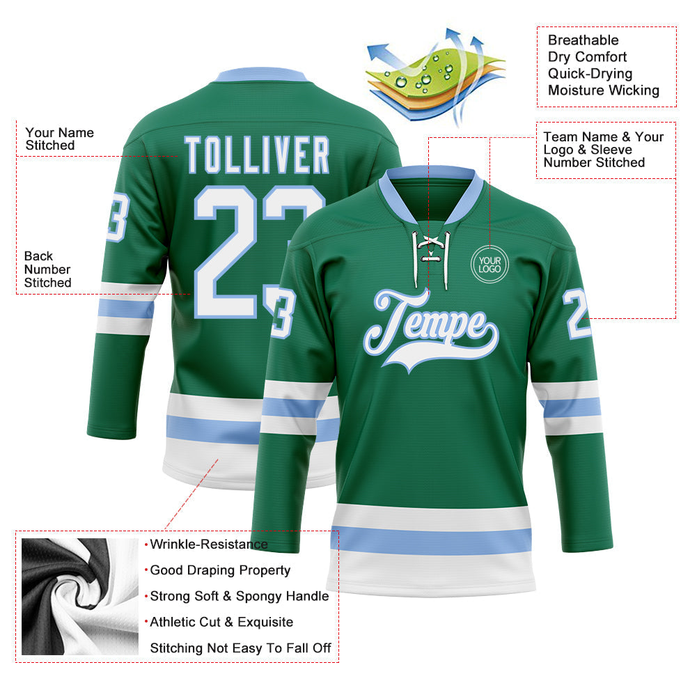 Custom Kelly Green White-Light Blue Hockey Lace Neck Jersey - Sky-Custom