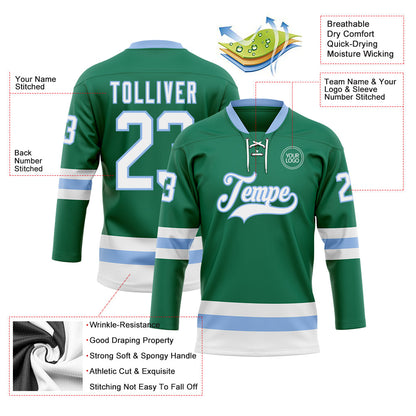 Custom Kelly Green White-Light Blue Hockey Lace Neck Jersey - Sky-Custom