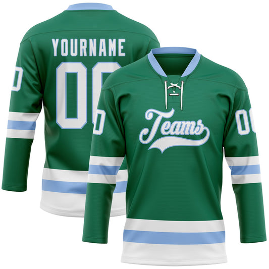 Custom Kelly Green White-Light Blue Hockey Lace Neck Jersey - Sky-Custom