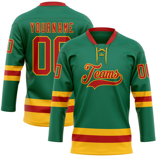 Custom Kelly Green Red-Gold Hockey Lace Neck Jersey - Sky-Custom