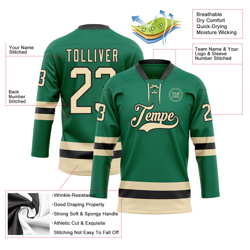 Custom Kelly Green Cream-Black Hockey Lace Neck Jersey - Sky-Custom