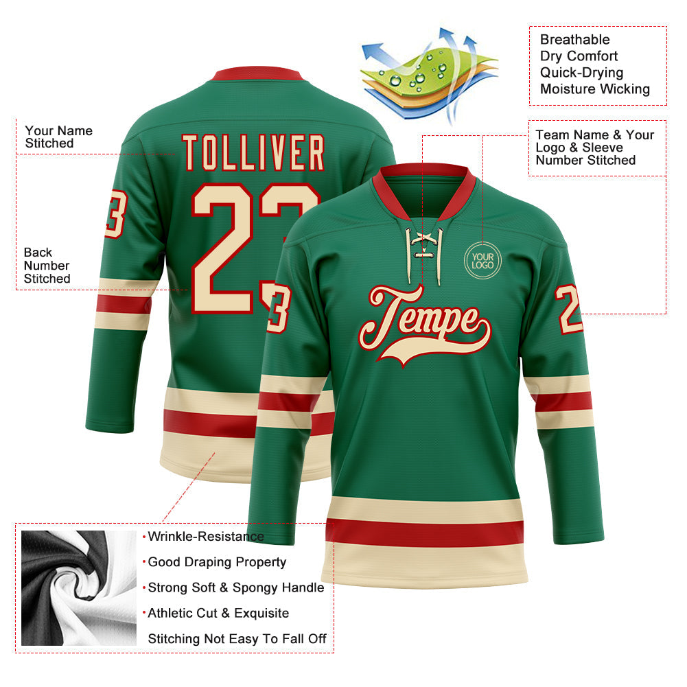 Custom Kelly Green Cream-Red Hockey Lace Neck Jersey - Sky-Custom