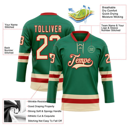 Custom Kelly Green Cream-Red Hockey Lace Neck Jersey - Sky-Custom