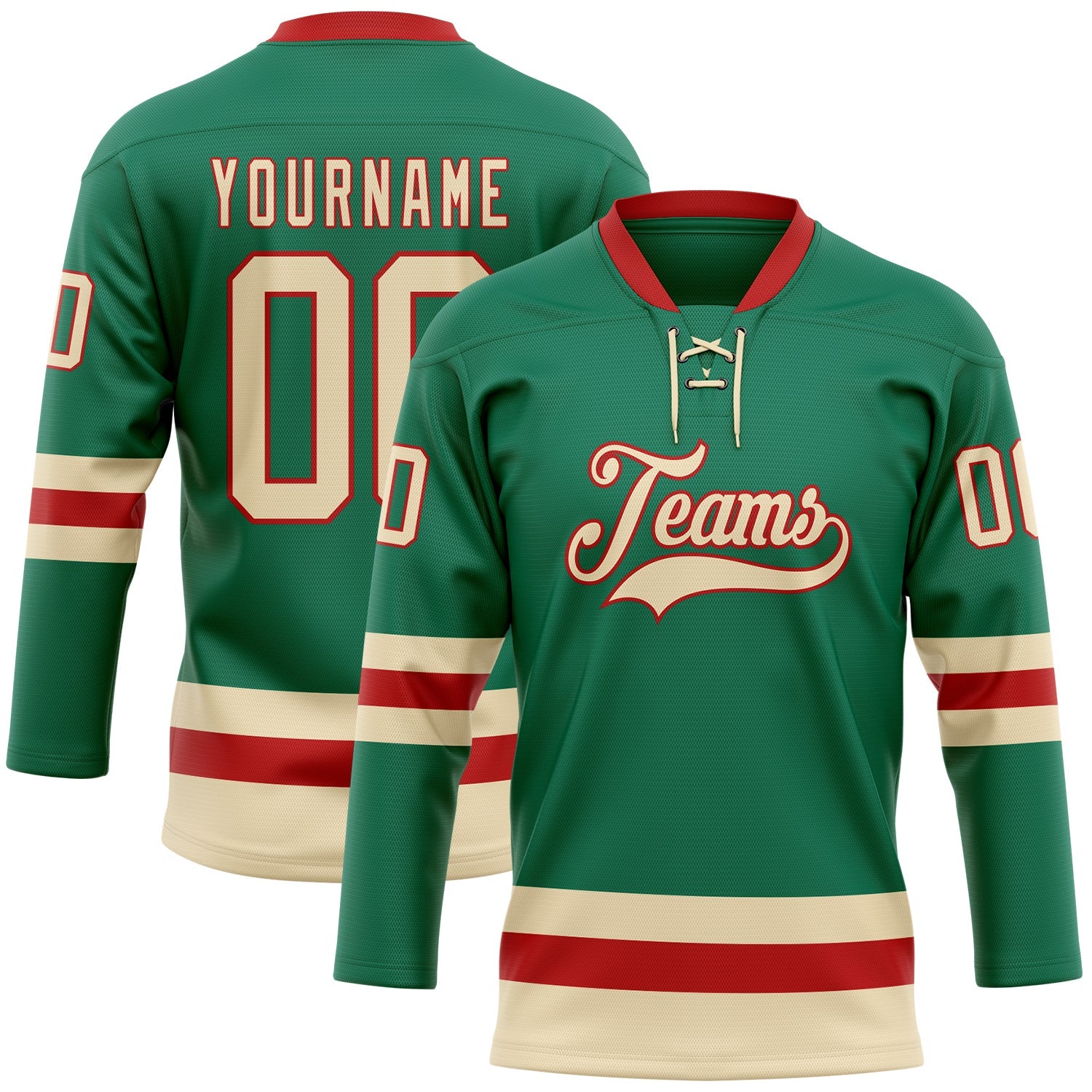 Custom Kelly Green Cream-Red Hockey Lace Neck Jersey - Sky-Custom