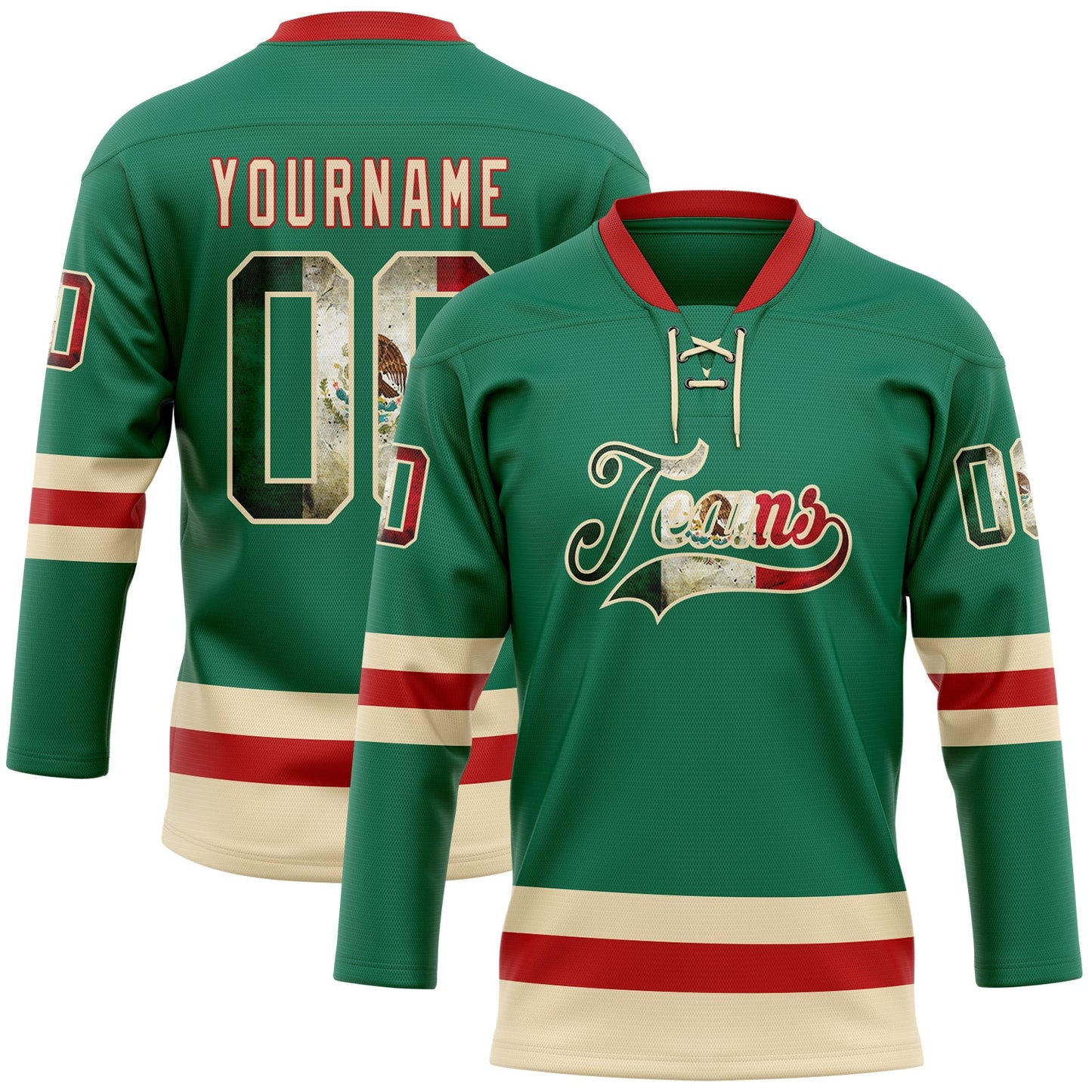 Custom Kelly Green Vintage Mexican Flag Cream-Red Hockey Lace Neck Jersey - Sky-Custom