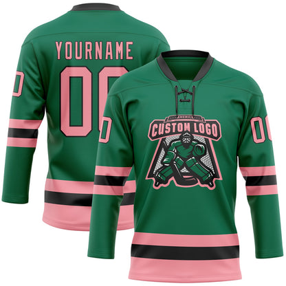 Custom Kelly Green Medium Pink-Black Hockey Lace Neck Jersey - Sky-Custom
