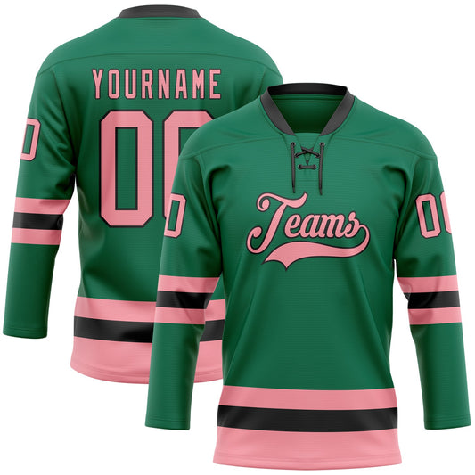 Custom Kelly Green Medium Pink-Black Hockey Lace Neck Jersey - Sky-Custom
