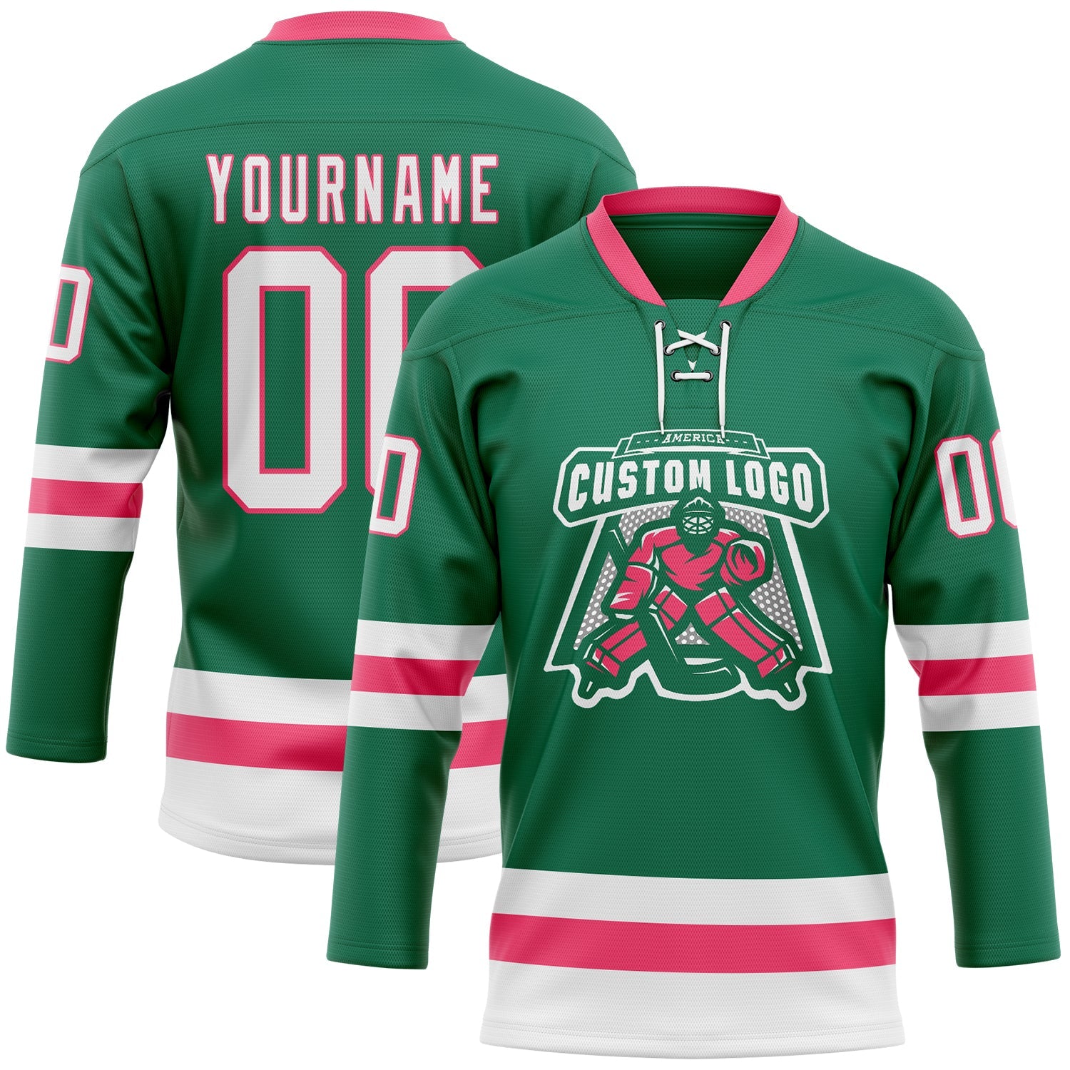 Custom Kelly Green White-Neon Pink Hockey Lace Neck Jersey - Sky-Custom